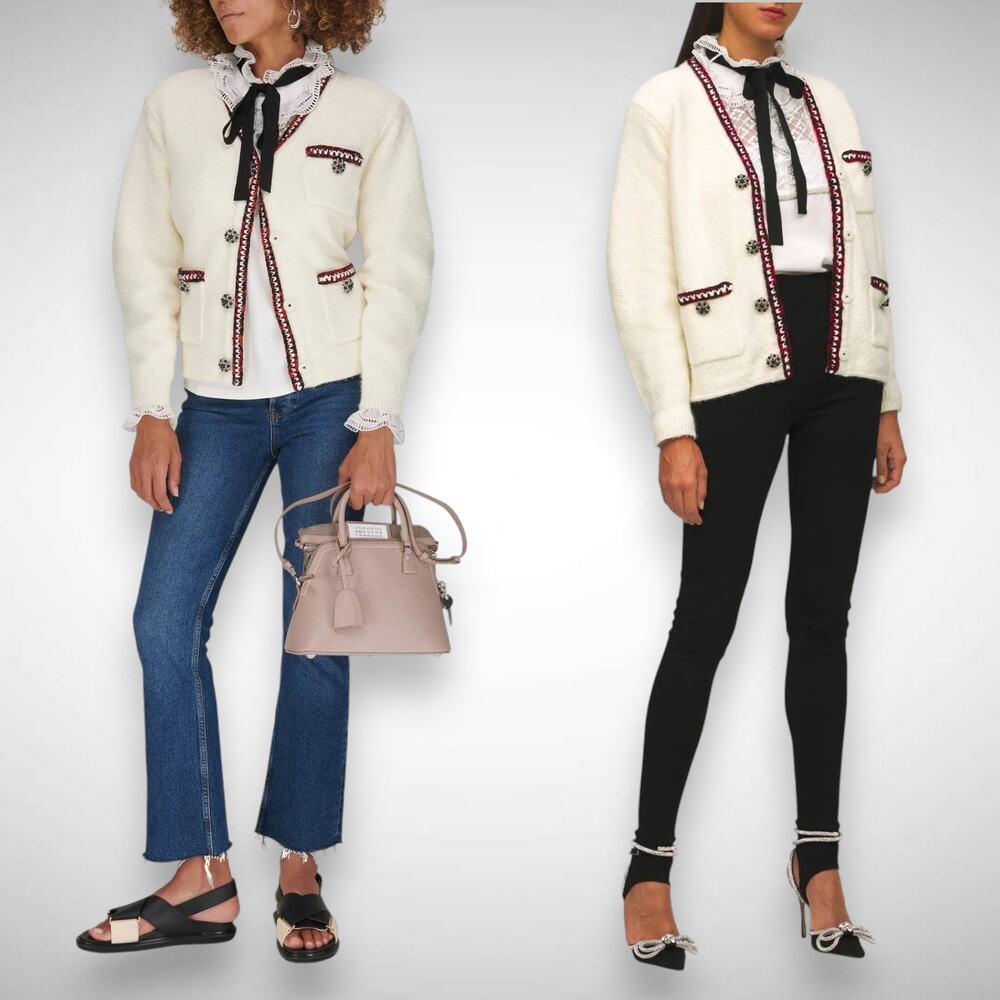 Self-Portrait Embellished Ivory Metallic Braided Knit Cardigan Sweater Sz Medium